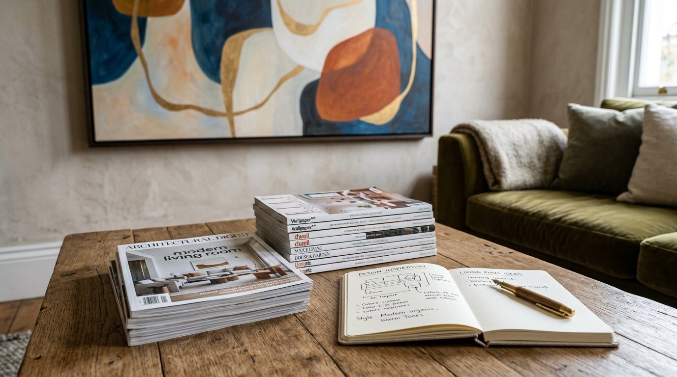 Stacks of home decor journals sit next to a handwritten design plan on a wooden coffee table in a living room.