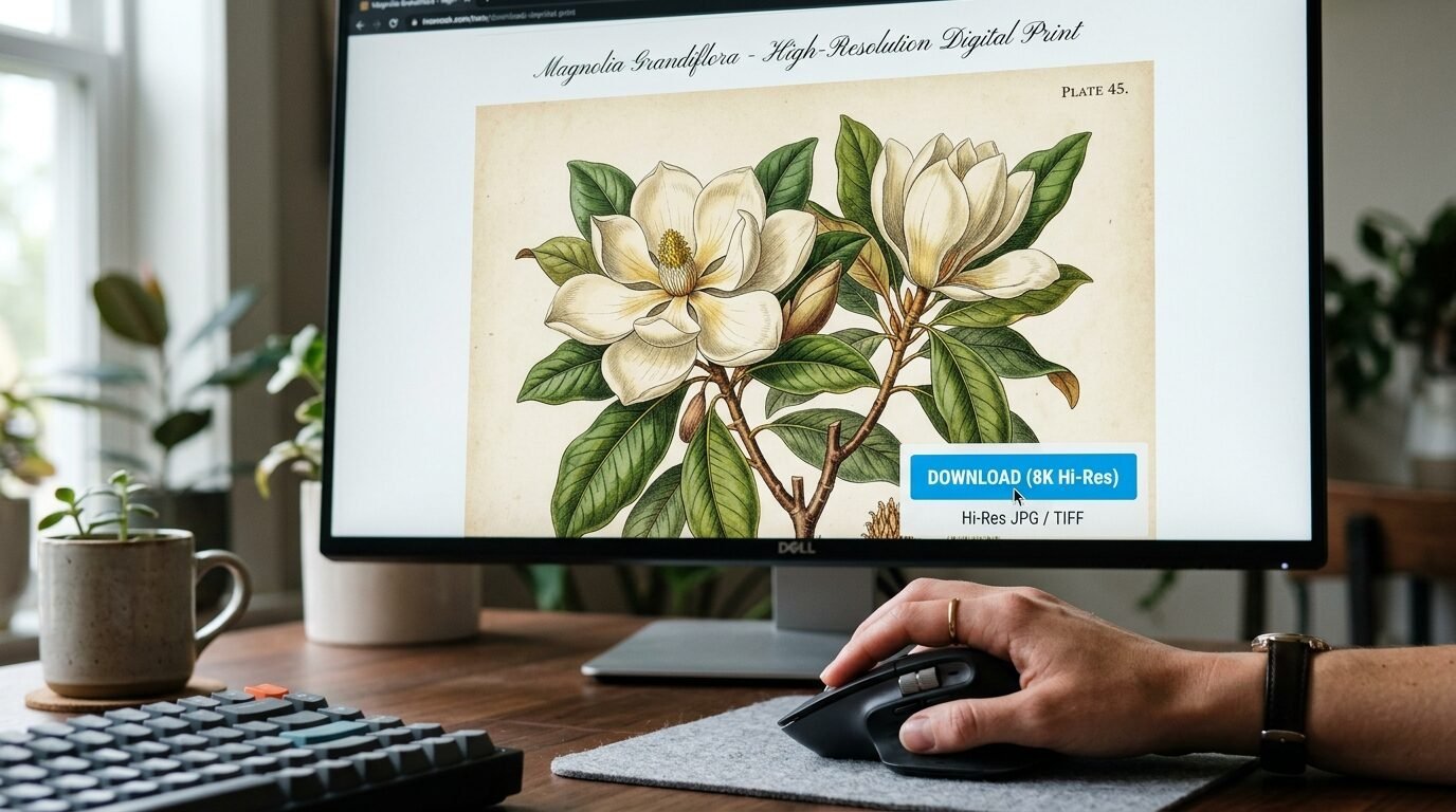 Close-up of a person clicking a download button on a computer screen featuring a detailed floral illustration.