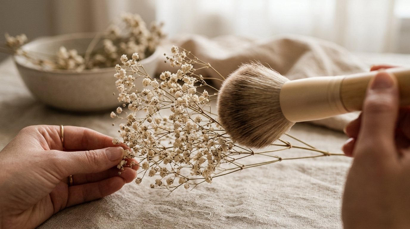 Close-up of hands using a soft powder makeup brush to clean tiny white dried floral stems on a linen cloth.