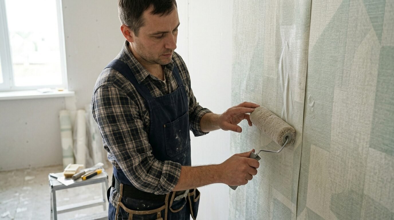 Professional contractor in work overalls using a paint roller to press patterned wallpaper against a residential wall.