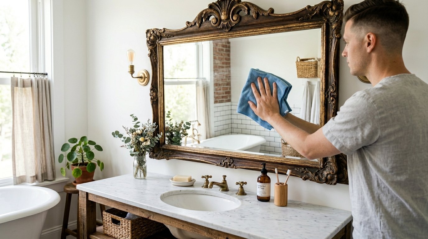 Young man using a blue microfiber cloth to clean a vintage gold-framed vanity mirror.