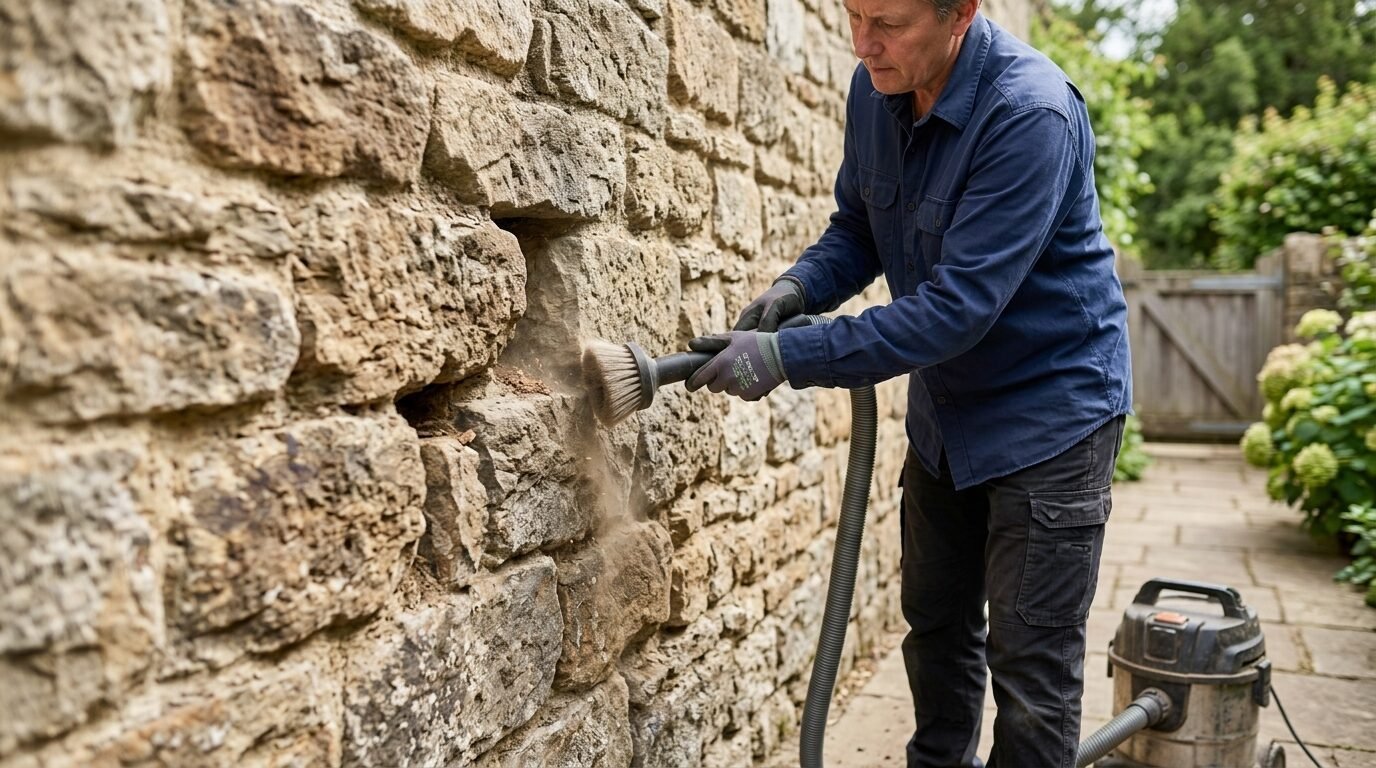Person in work clothes using a brush vacuum attachment to clear debris from a textured natural stone garden wall.