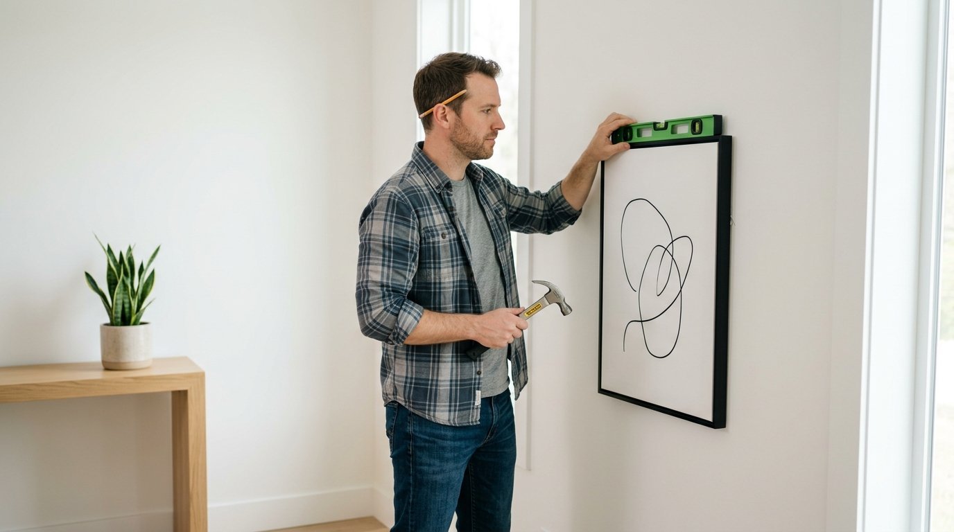 Man in plaid shirt holding a hammer and spirit level while leveling a framed abstract drawing on a white wall.
