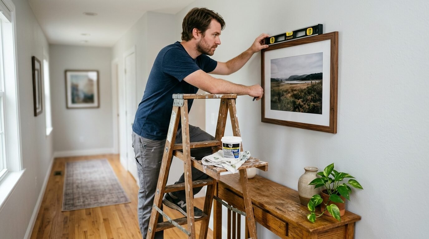 A man stands on a wooden ladder checking a landscape photograph with a level before mounting it on a wall.