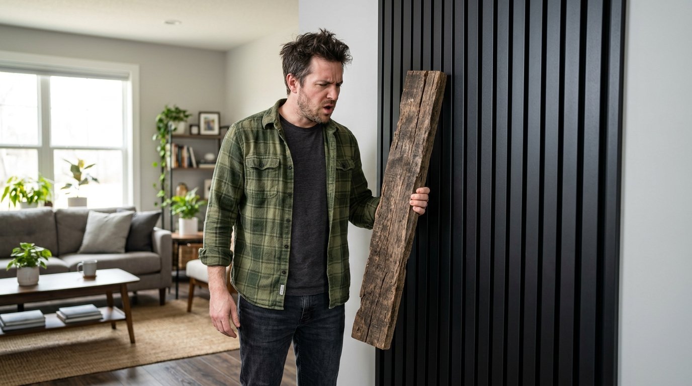 A man in a green plaid shirt compares a rough timber board against a modern black slatted wall.