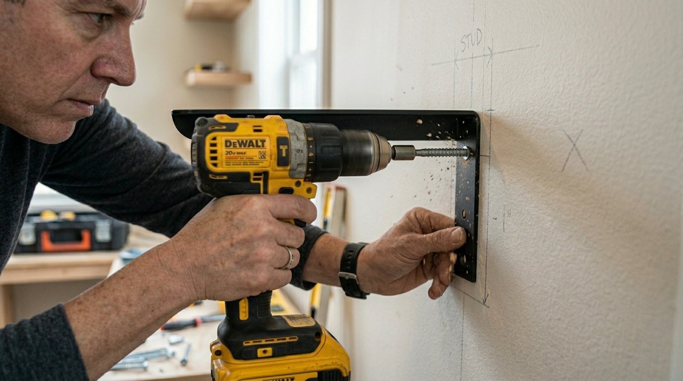 Man using a yellow DeWalt drill to screw a black steel bracket into a marked wall.