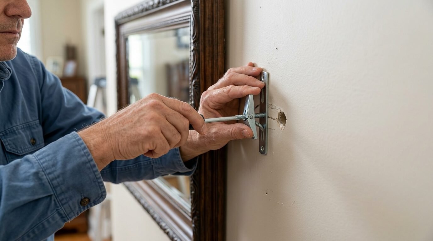 Close-up of hands using a screwdriver to tighten a metal toggle bolt into a hole in a beige wall.