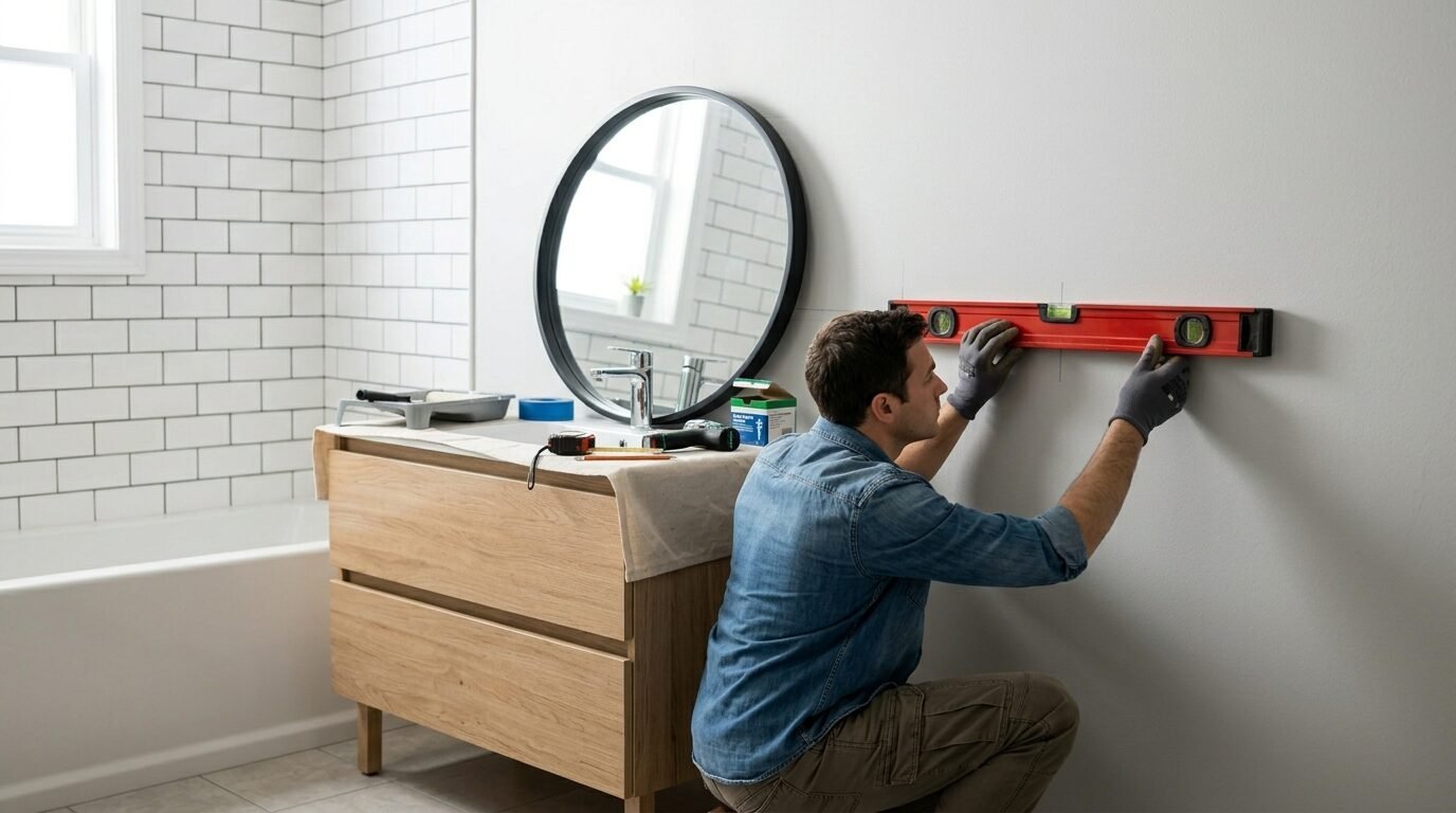 A man in a denim shirt holds a red level against a white bathroom wall while crouching by a wooden vanity.