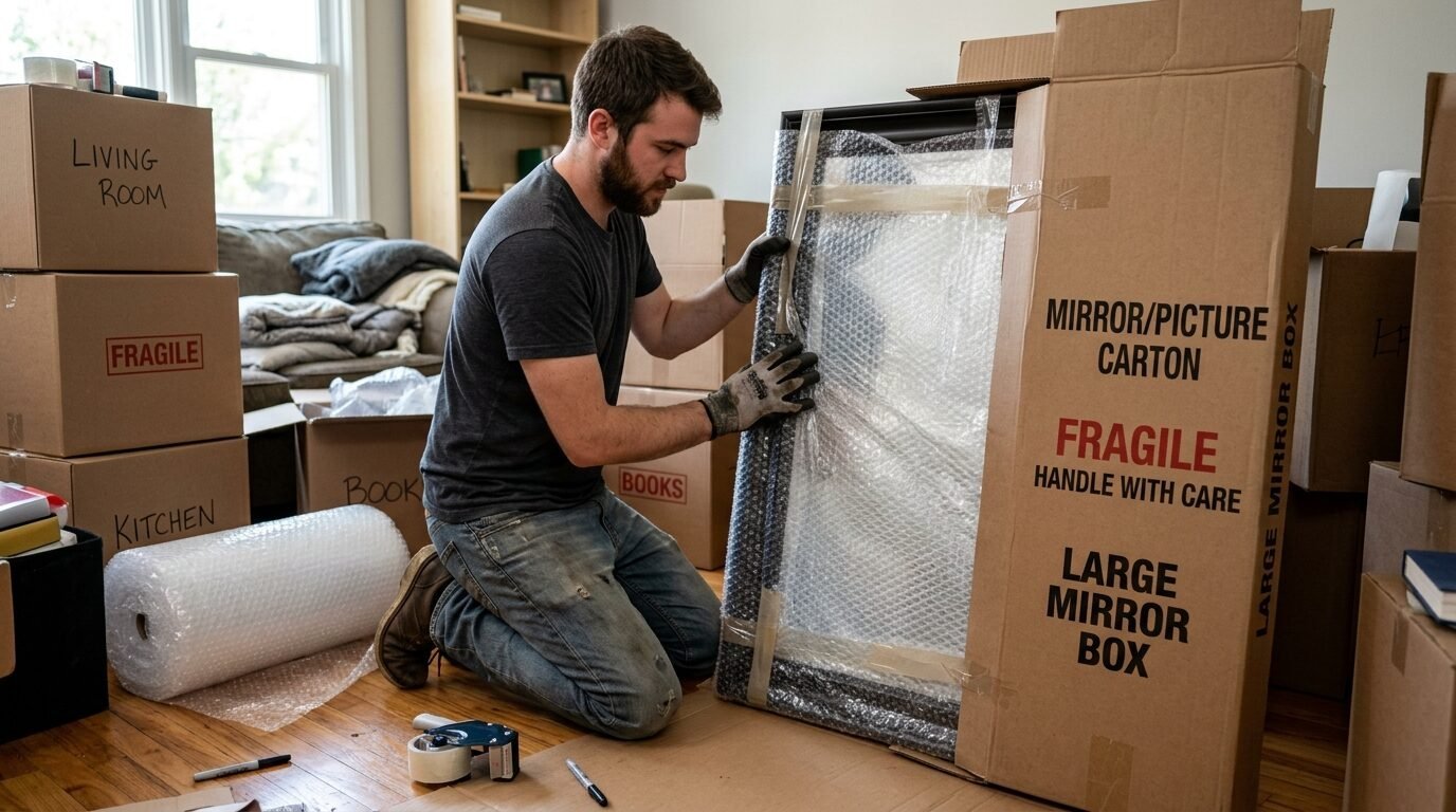 A man wearing gloves wraps a tall, framed item in bubble wrap for moving inside a room filled with cardboard boxes.