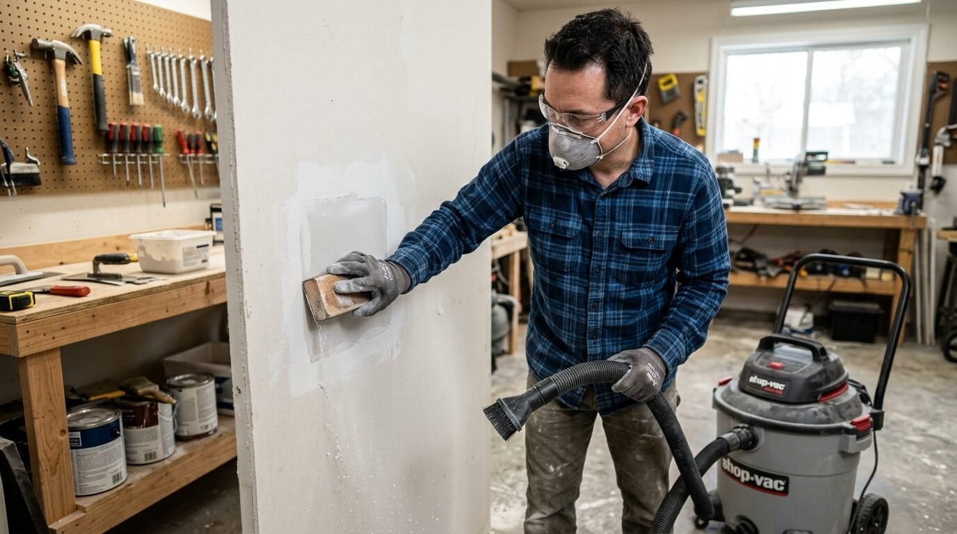 Man in mask and safety goggles sanding a fresh drywall repair with a vacuum hose held in the other hand.
