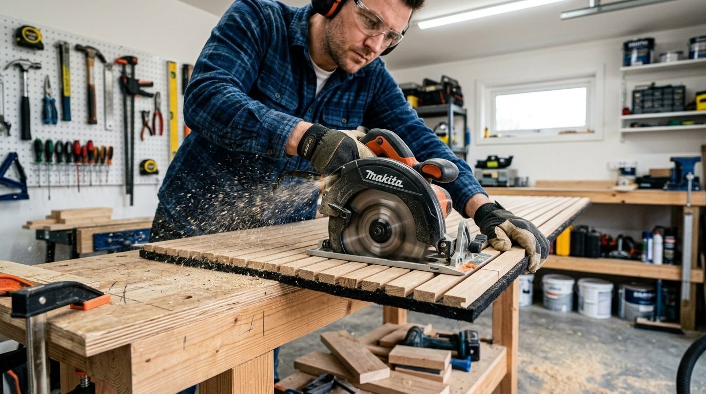 Woodworker in protective eyewear cuts a wooden board with a handheld Makita circular saw in a workshop.
