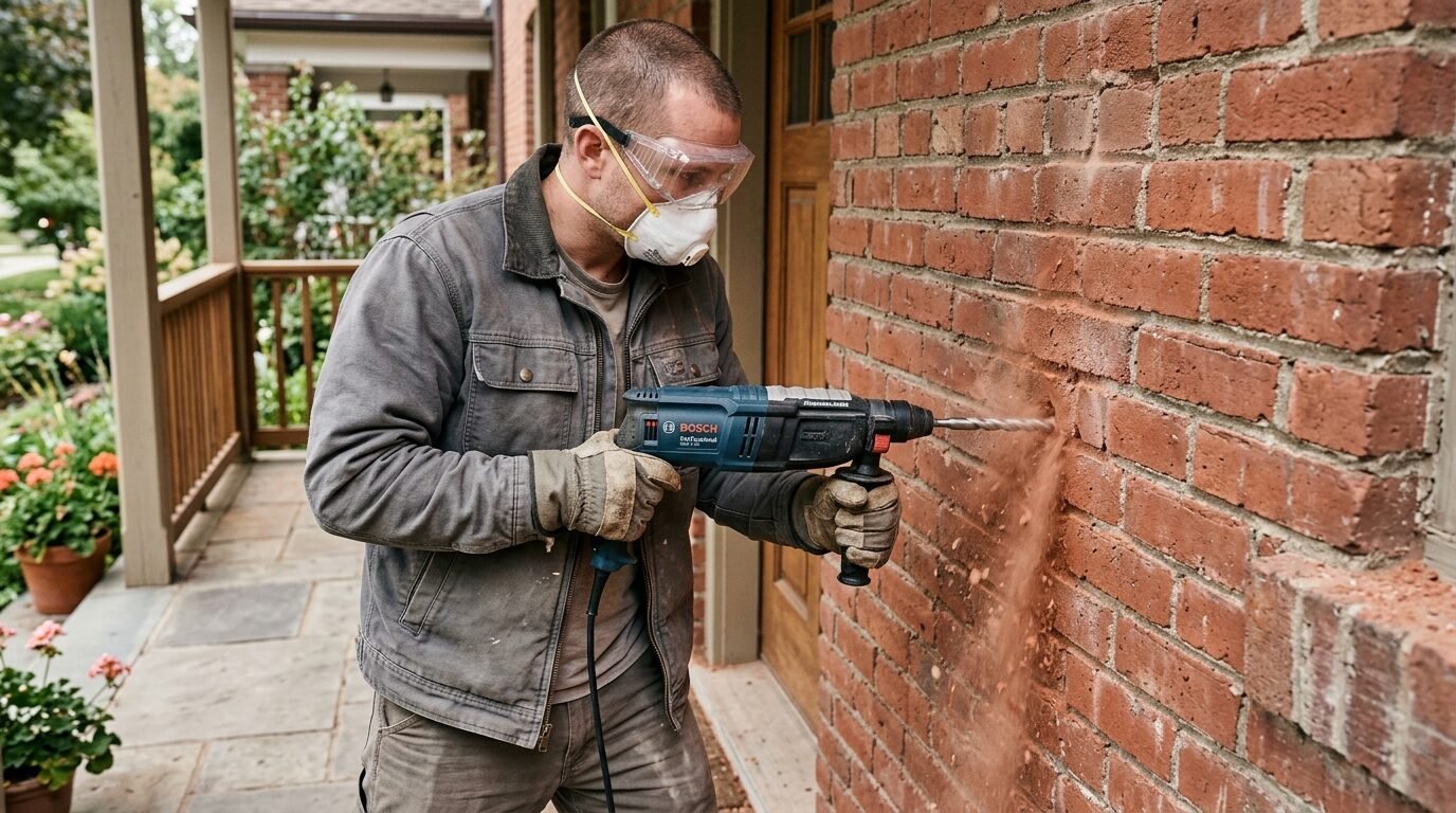 A man wearing safety glasses and a dust mask drills into a brick exterior wall.