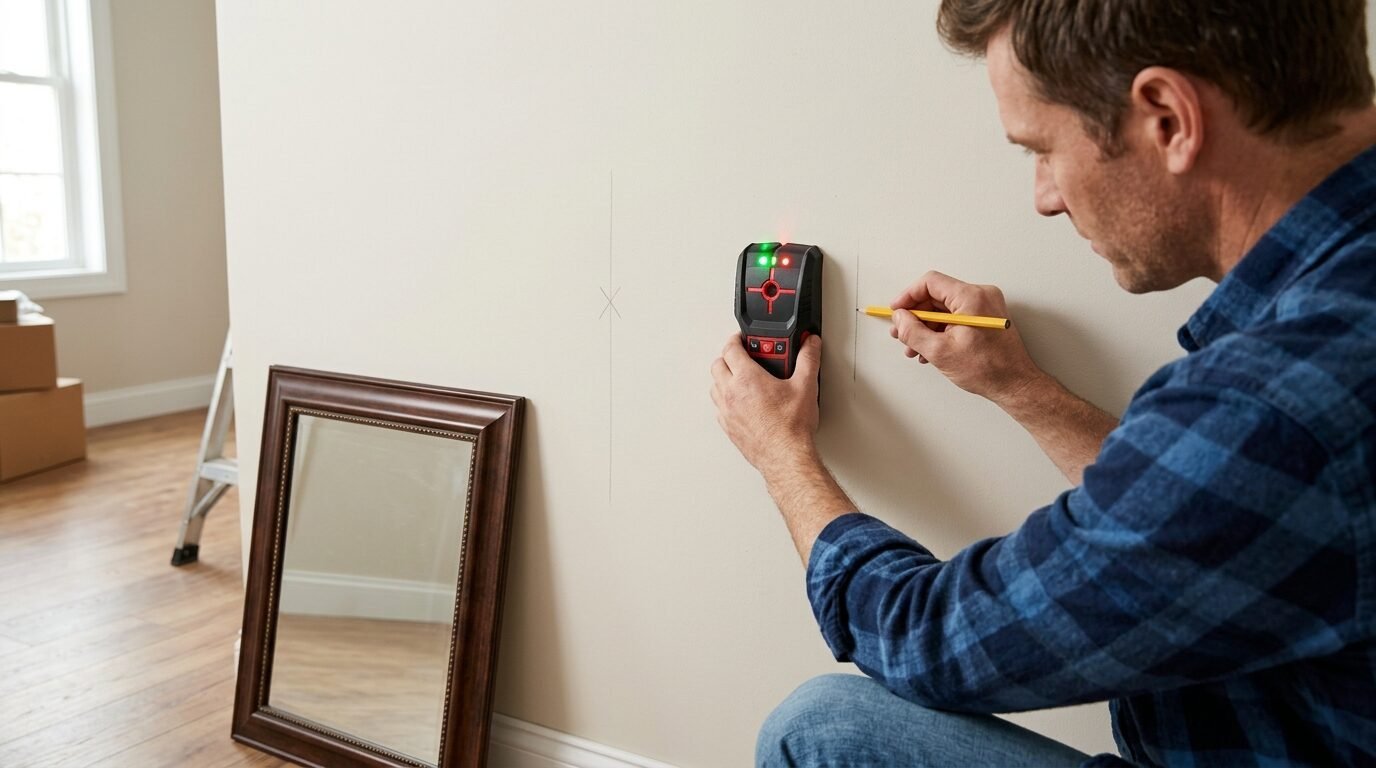 Man holding a stud sensor against a wall while marking a spot with a yellow pencil.