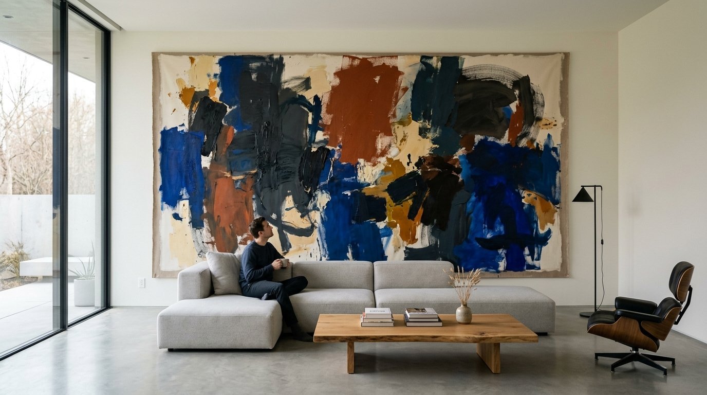 Man sitting on a light grey sectional sofa admiring a massive abstract painting with blue and brown paint strokes.