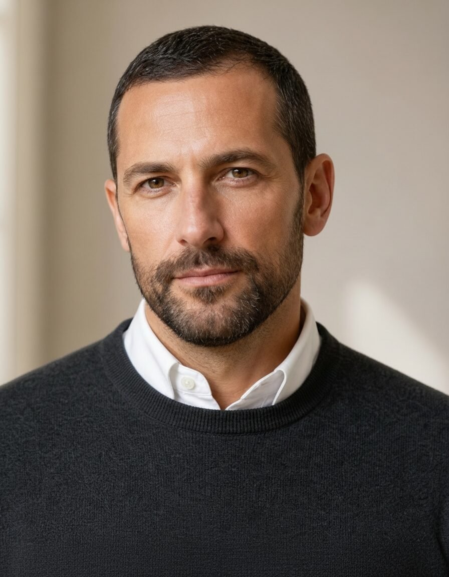 Close up portrait of a middle-aged man with dark hair and beard looking directly at the camera.