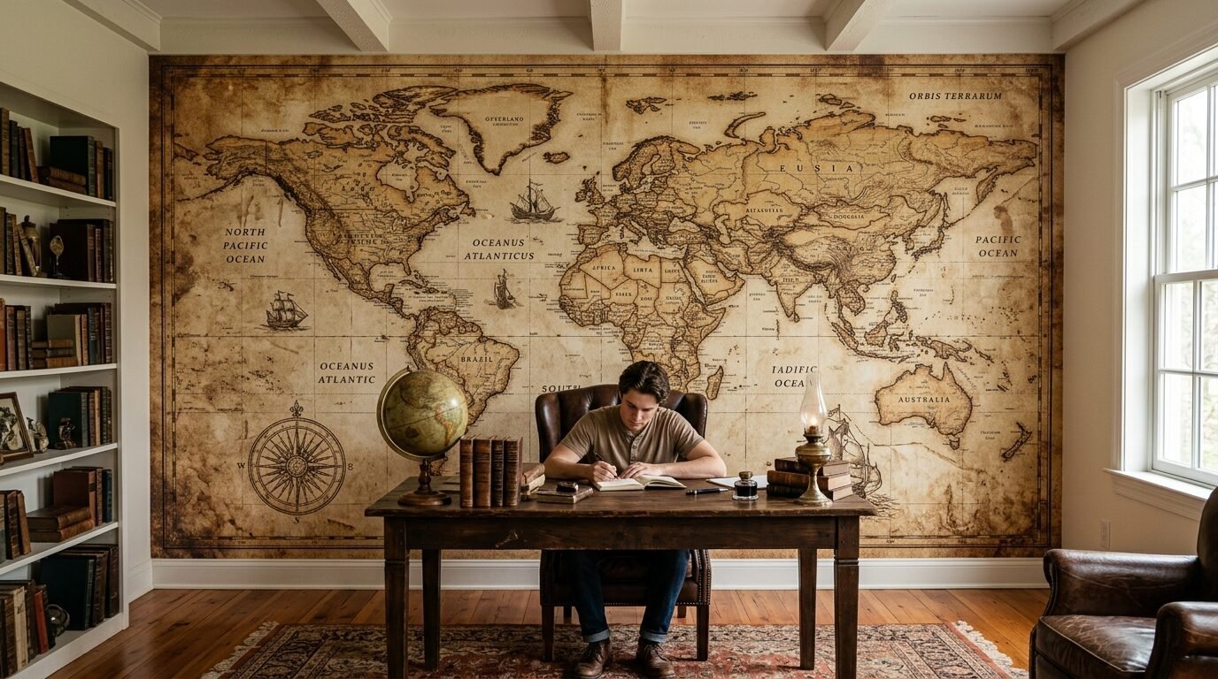 A man sits at a dark wooden desk in front of a floor-to-ceiling antique world map wall mural.