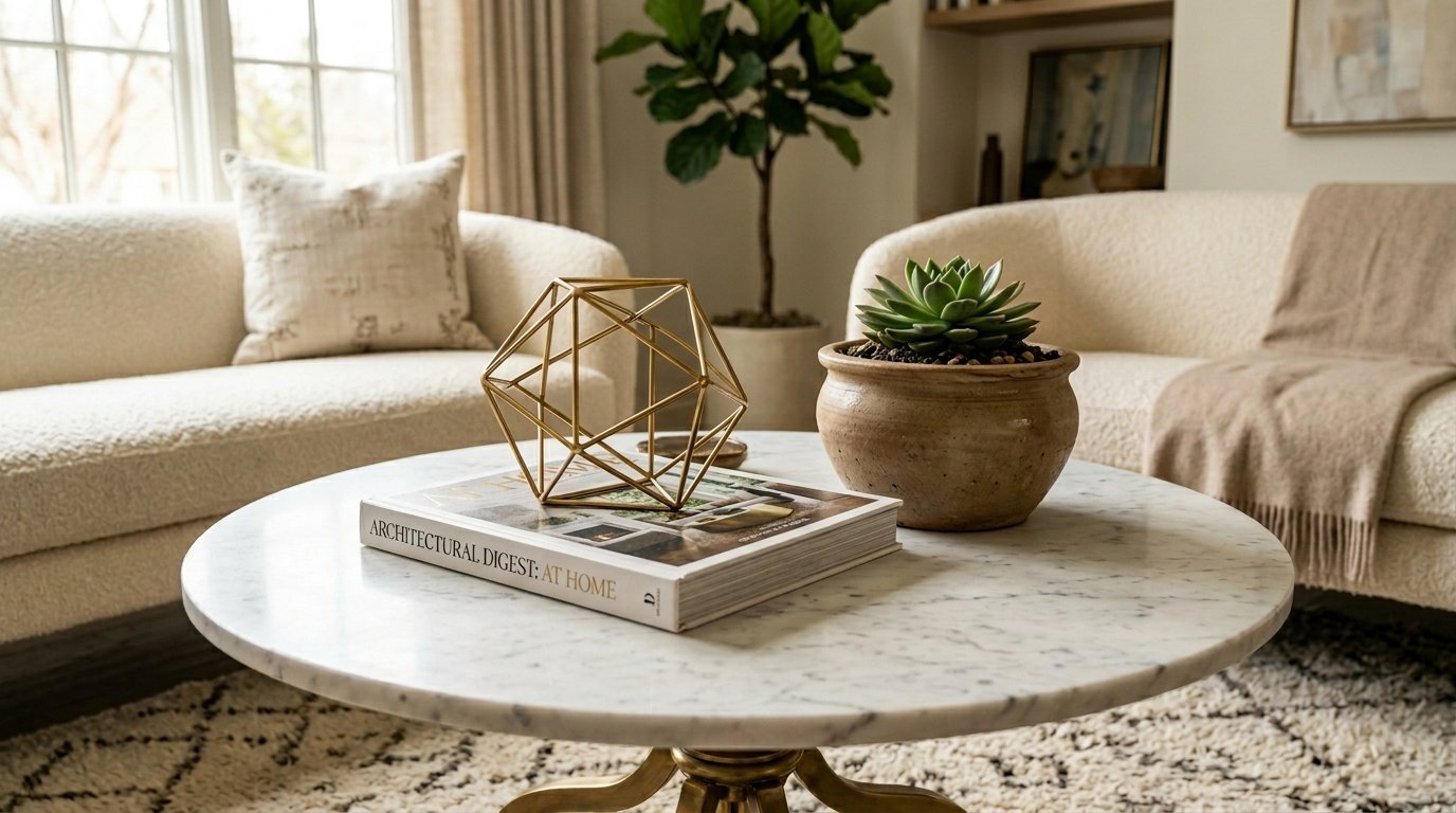 A gold geometric object and a potted succulent rest on a marble coffee table in a modern living room.