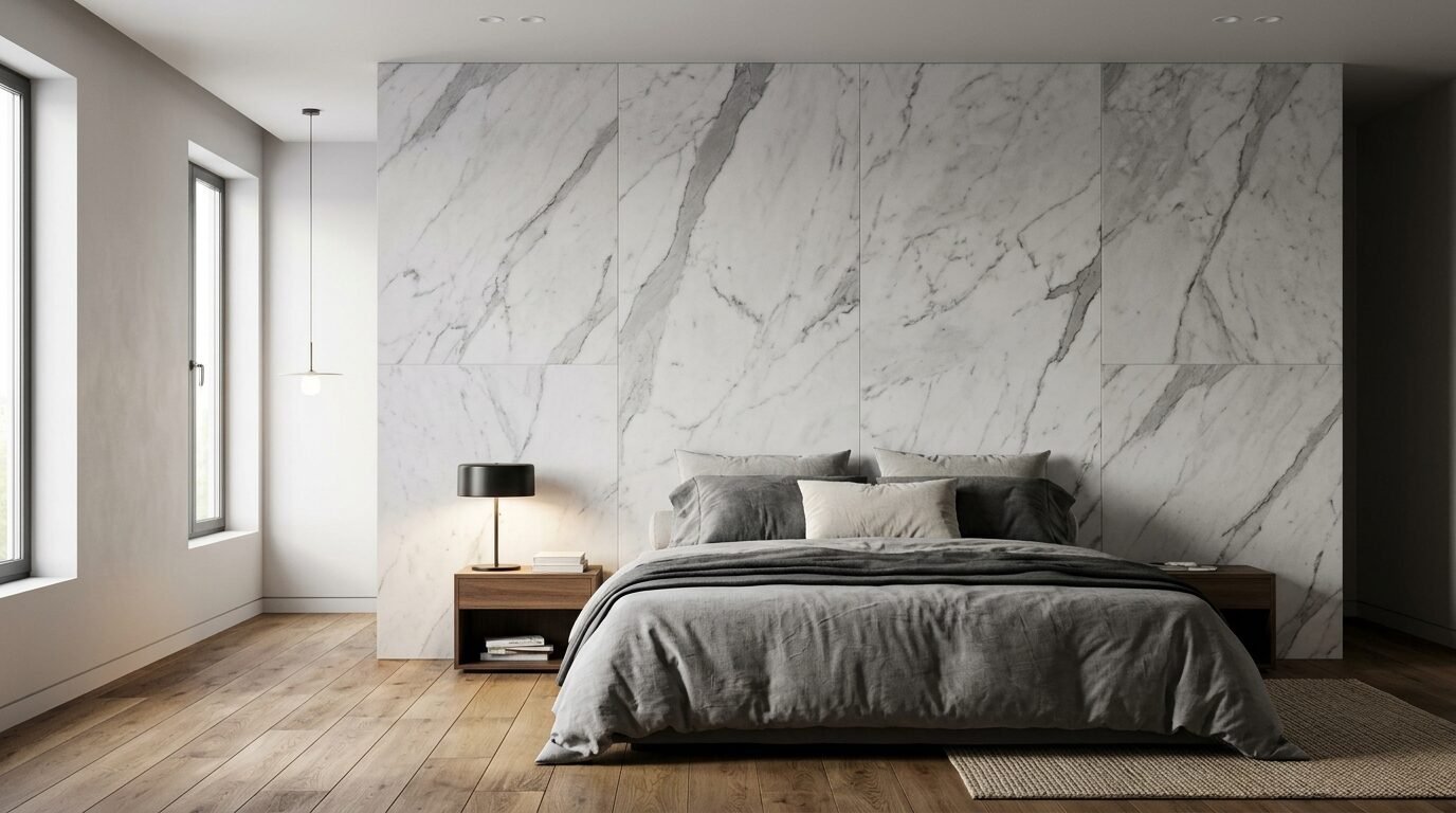 Modern bedroom with a floor-to-ceiling white marble tiled wall behind a grey upholstered bed and walnut nightstands.