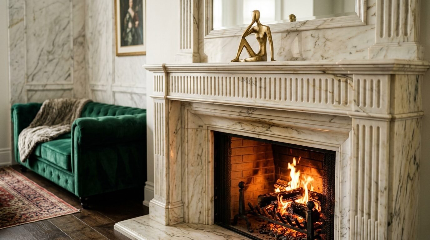 A lit fireplace in a carved marble mantel with a brass abstract figure sitting on top and a green velvet sofa nearby.