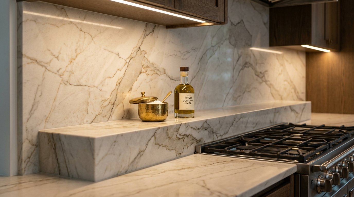 Close-up of a luxurious marble shelf featuring a brass salt cellar and an olive oil bottle near a gas range.