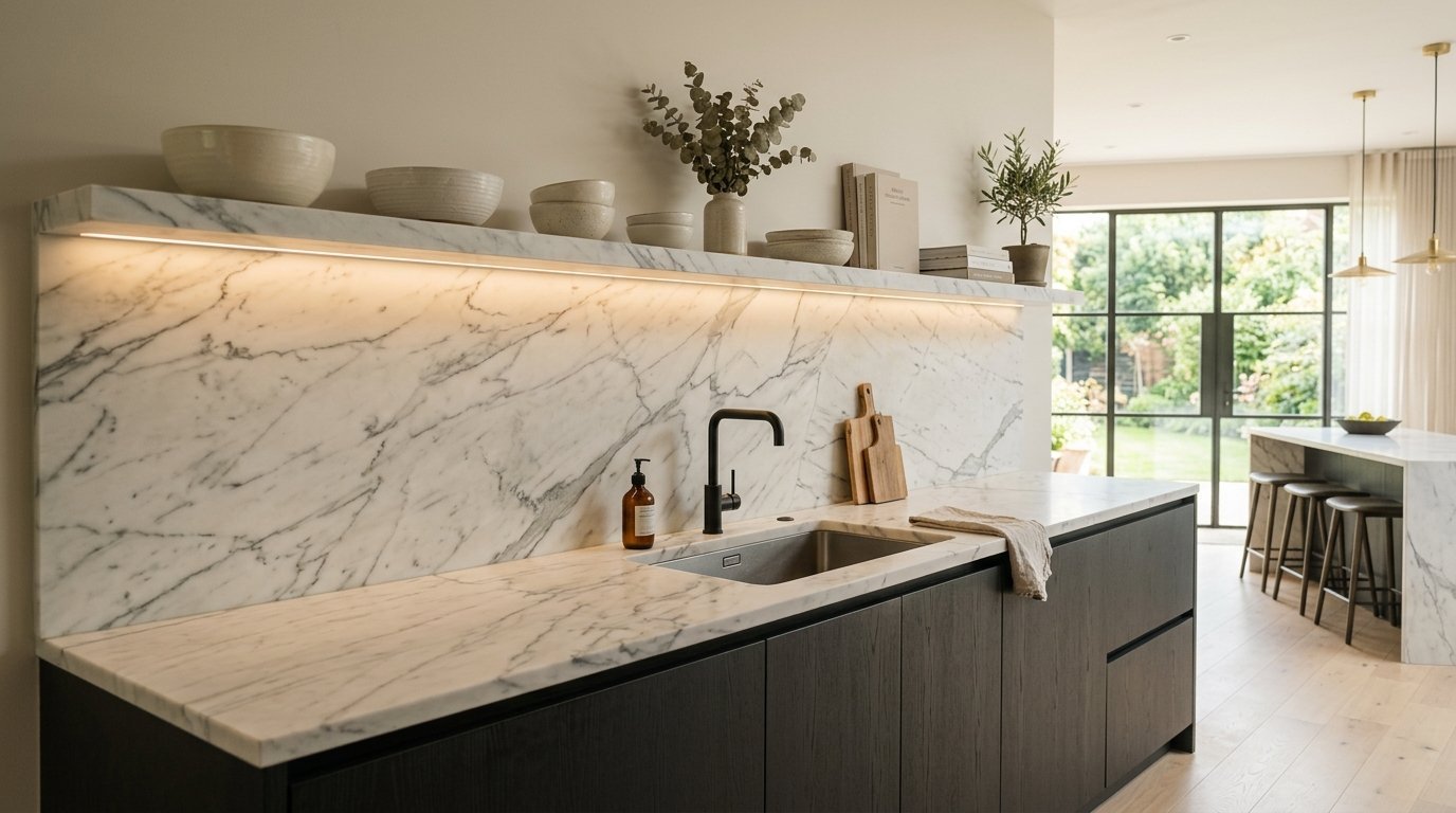 Dark wood cabinetry topped with a white marble slab surface and sink, lit by under-shelf LED strip lighting.