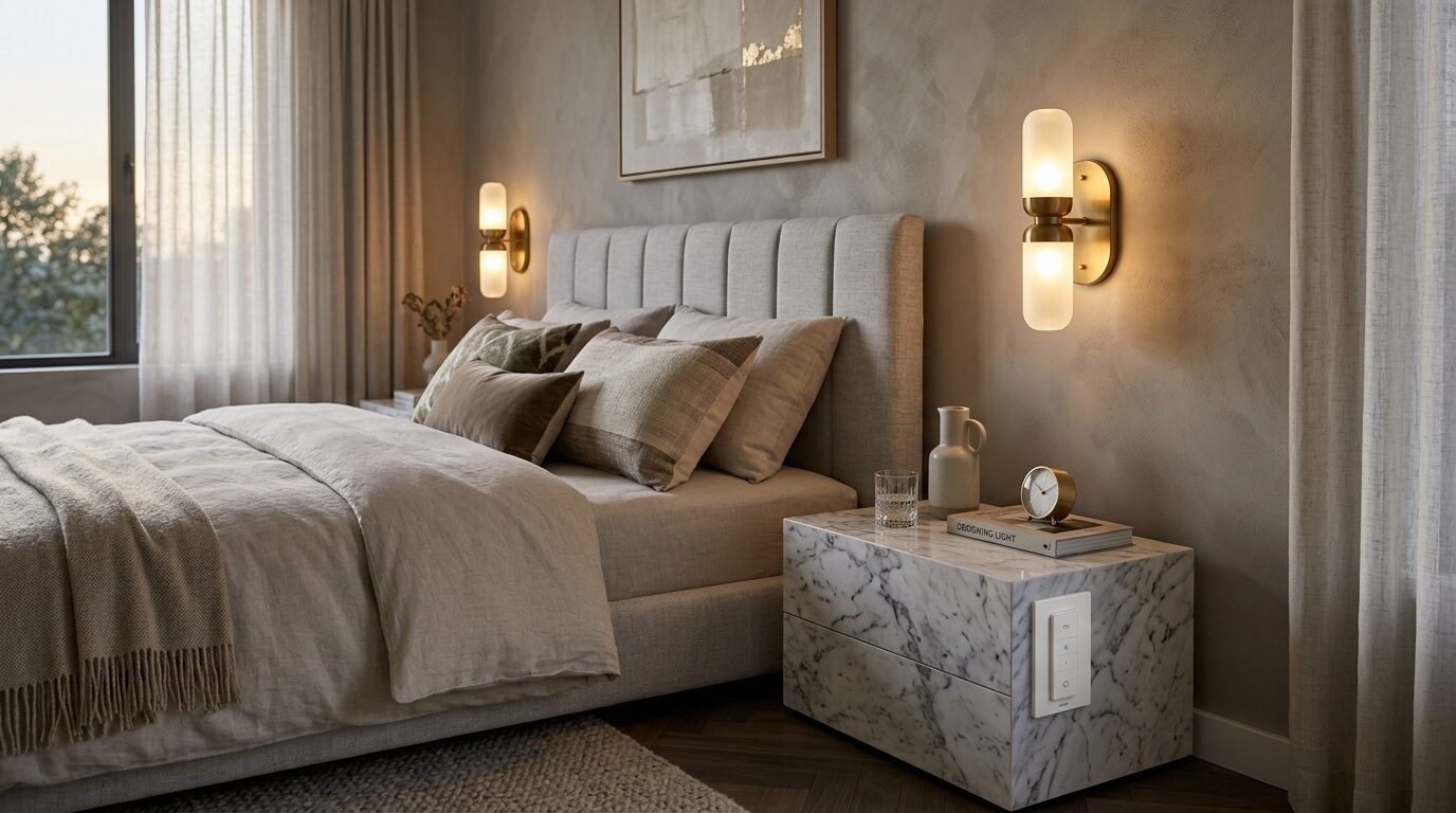 Close-up of a marble bedside table with a small analog clock and book next to an upholstered bed frame.