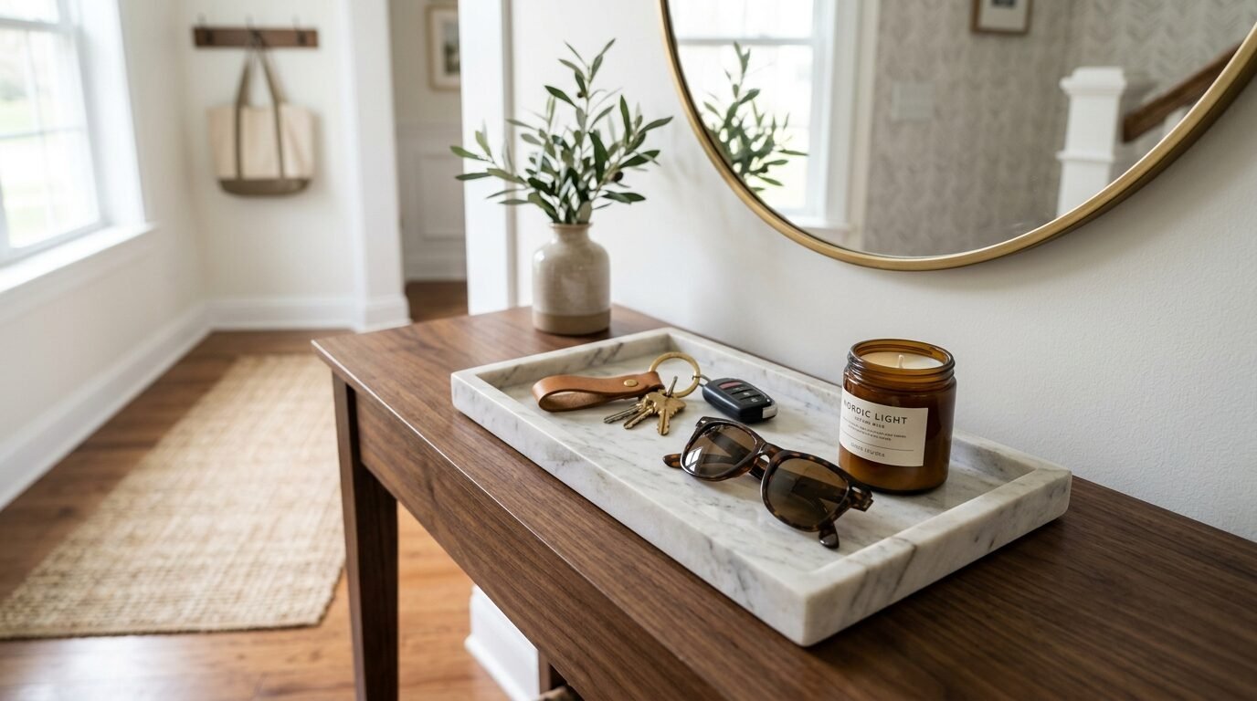 Close up of a white marble tray with car keys, tortoise shell sunglasses, and a candle sitting on a wooden console.