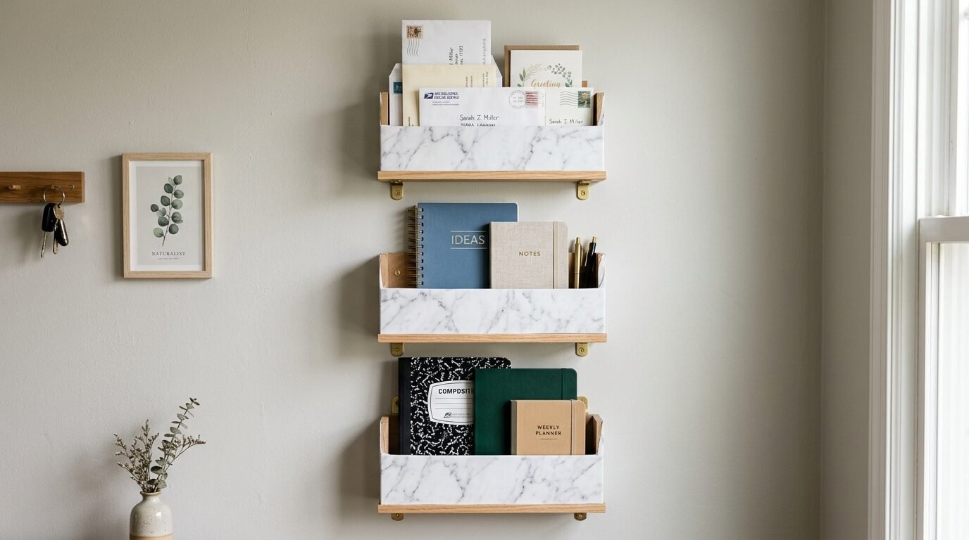 Three wall-mounted storage bins with marble finish holding notebooks, letters, and planners.