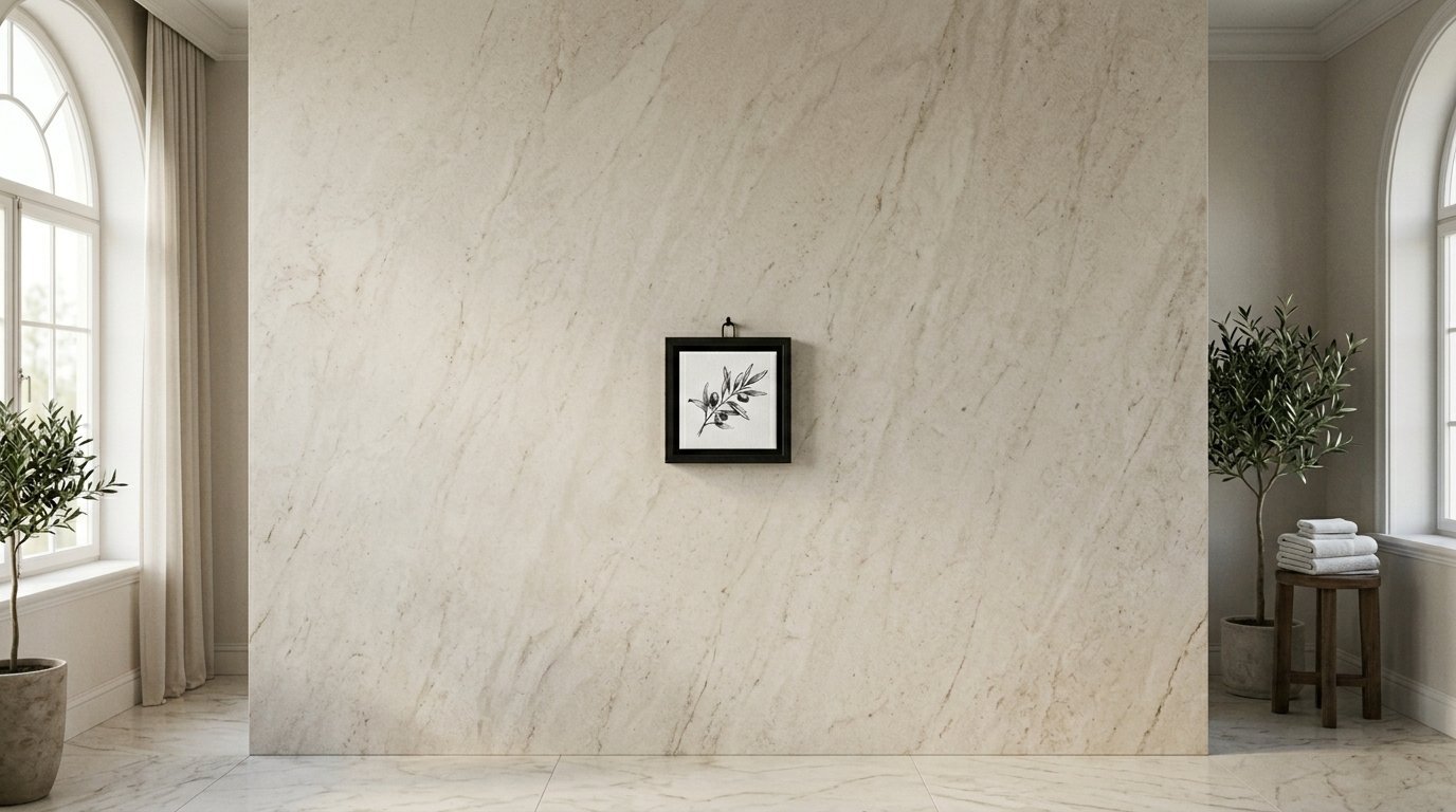 Small black square frame with an olive branch drawing centered on a large, textured beige marble accent wall.