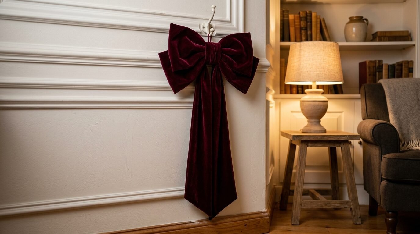A large plush burgundy ribbon bow suspended from a decorative wall peg next to a warm glowing table lamp.