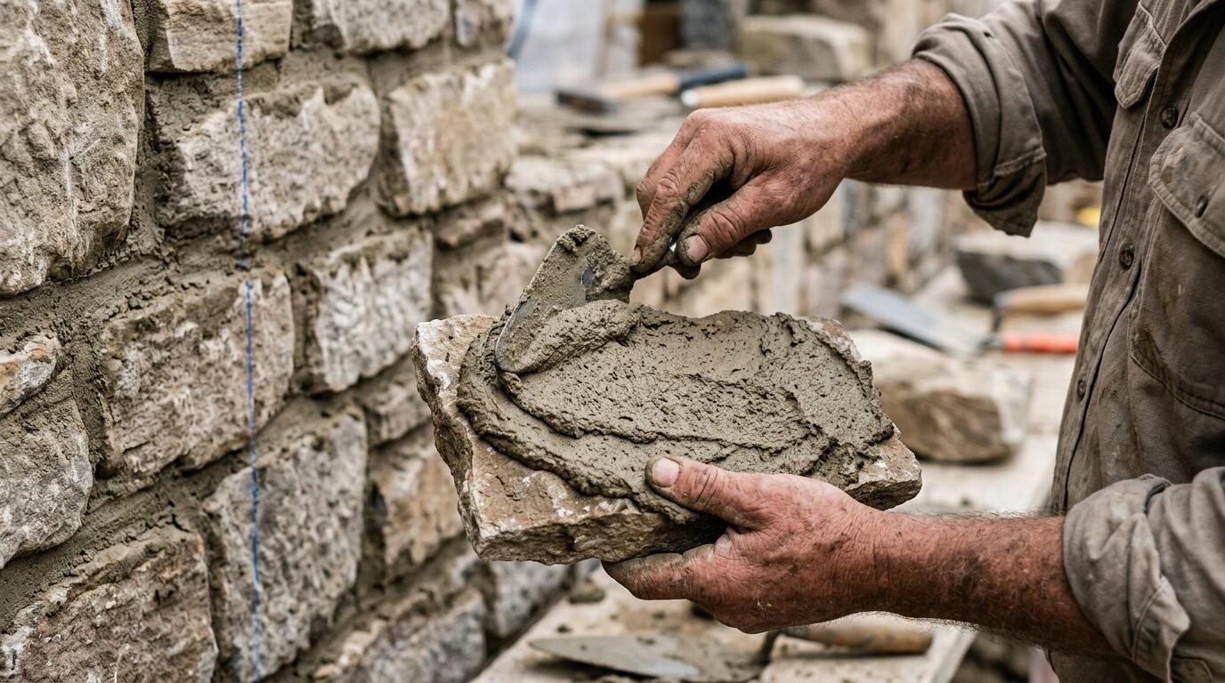 Close-up of a worker's hands spreading grey mortar onto a rough stone using a metal trowel.