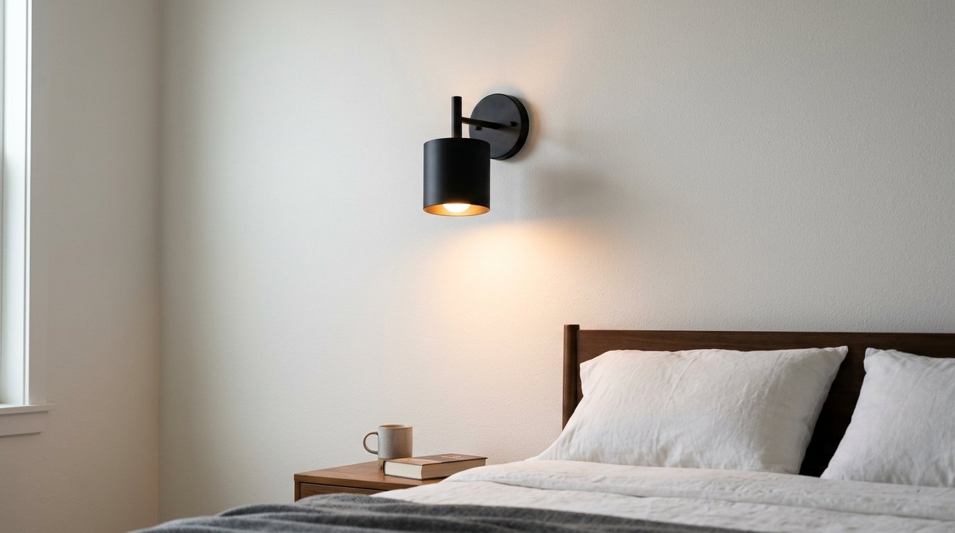 A cylindrical black wall light fixture glowing above a nightstand with a book and coffee mug.