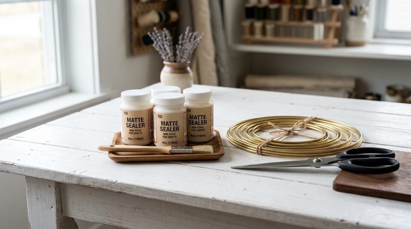 Craft supplies including matte sealer bottles, a paintbrush, brass rings, and scissors on a white table.