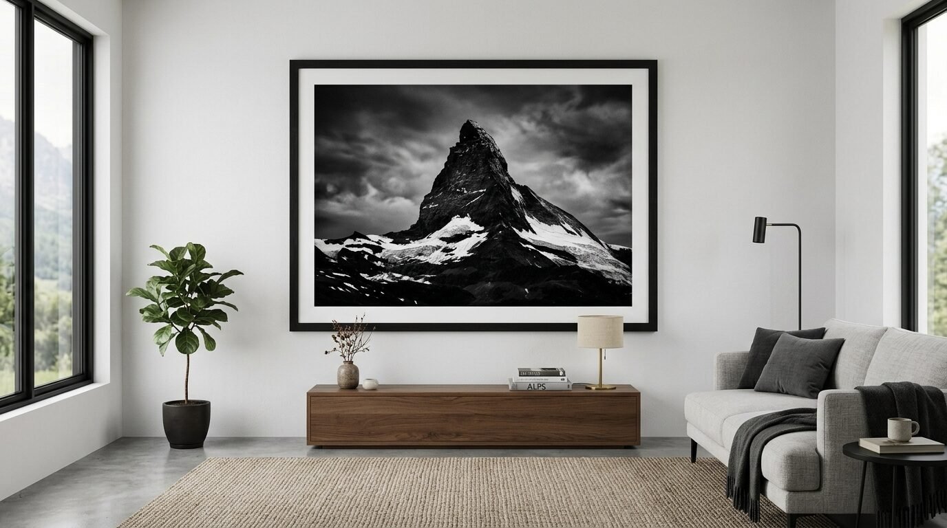 A framed photograph of the Matterhorn mountain displayed in a modern minimalist living room.