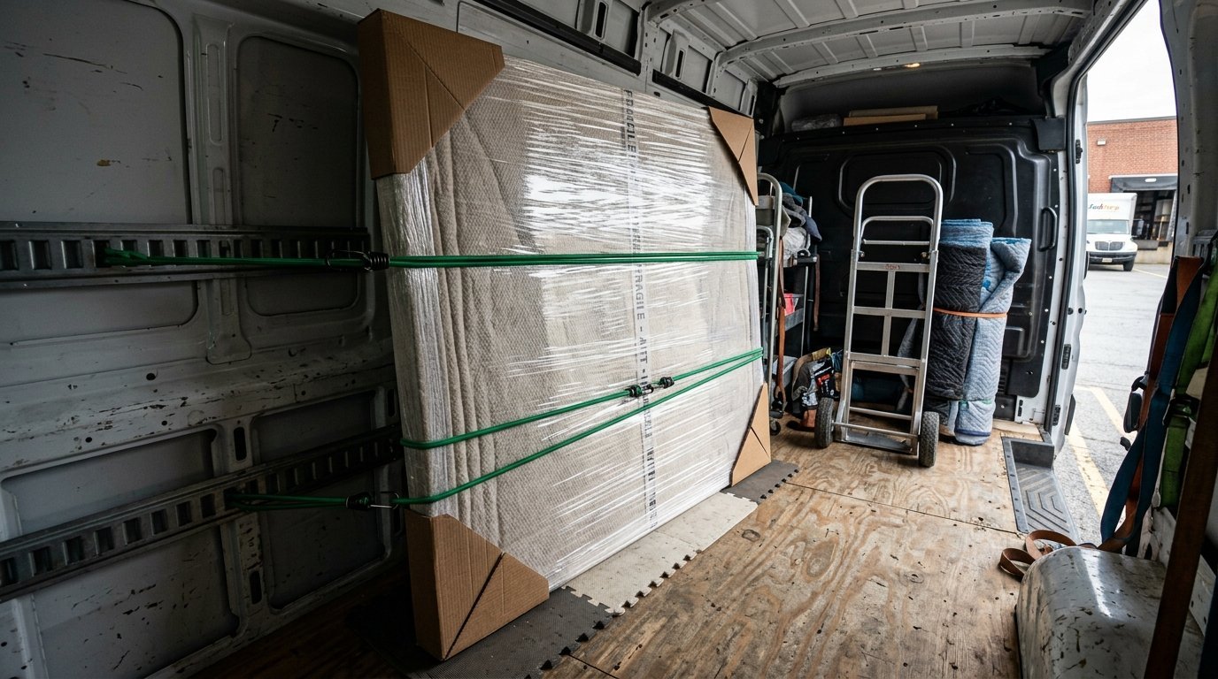 Plastic-wrapped mattress with corner protectors secured by bungee cords in a cargo van near a hand truck.