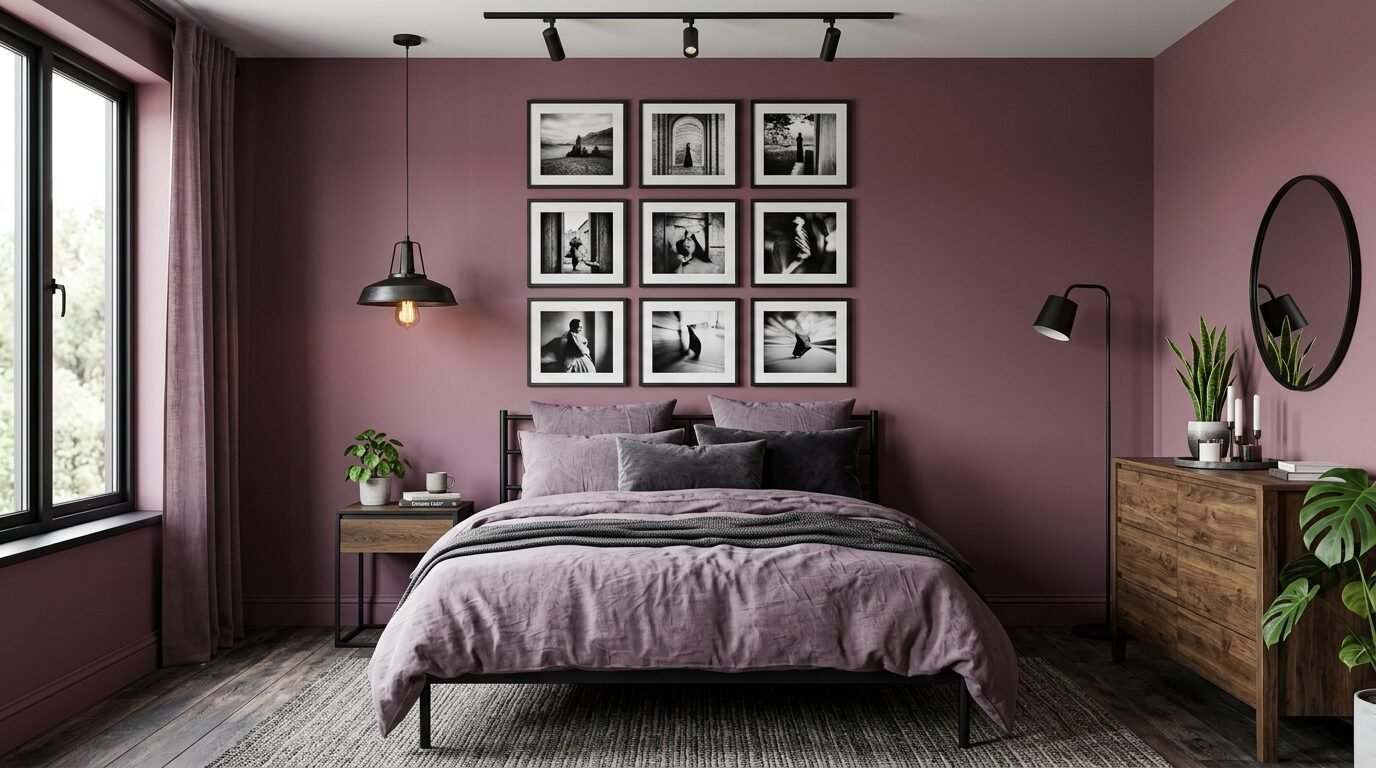 A cozy bedroom with dusty rose walls, a black metal bed frame, and nine framed monochrome art prints.