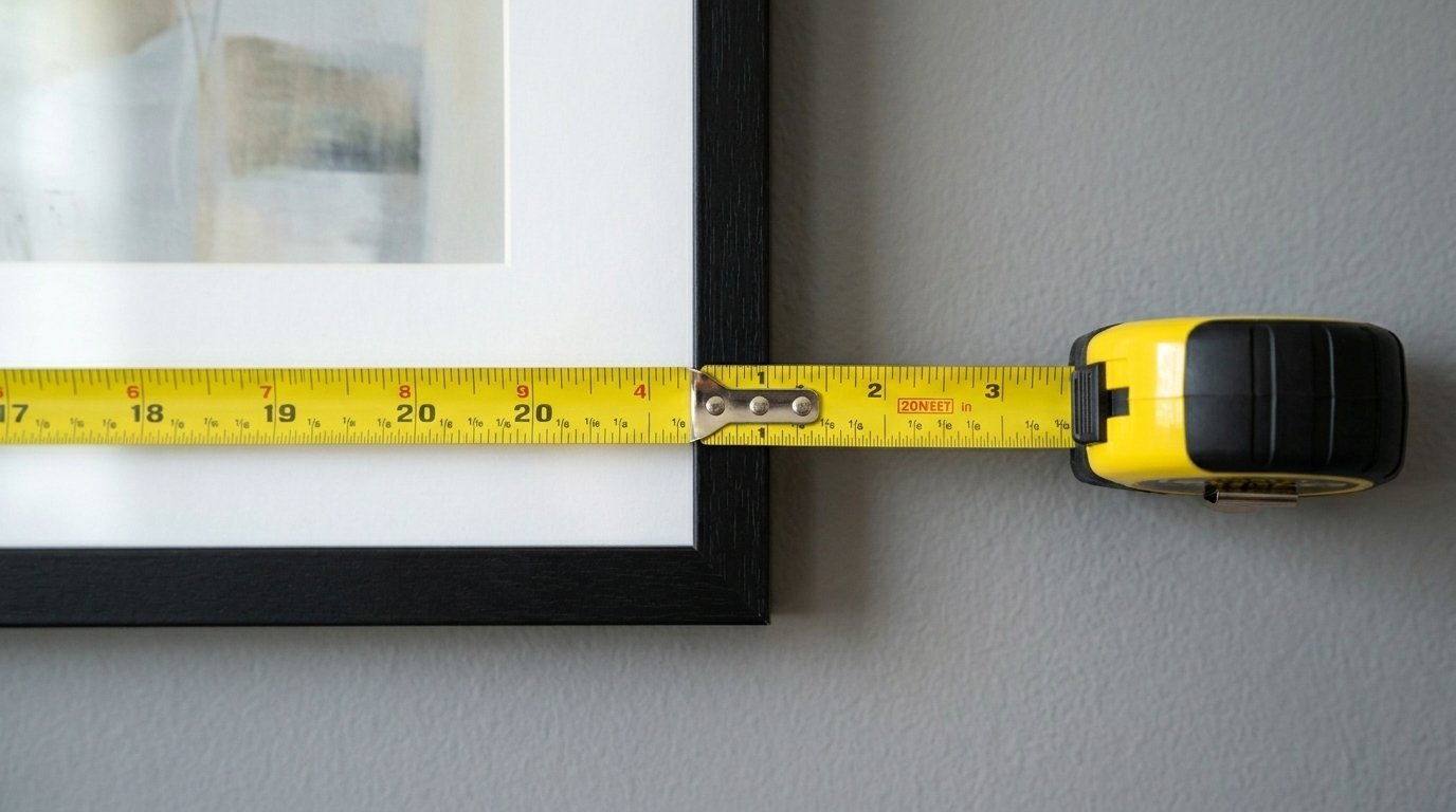 Close-up of a retractable yellow tape measure positioned against the edge of a black wooden frame.