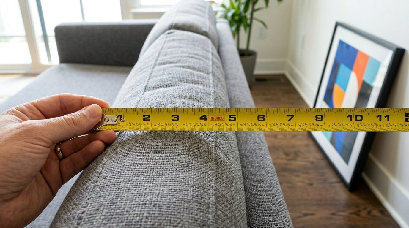 Close up of a hand holding a yellow measuring tape across the back cushion of a grey fabric sofa.