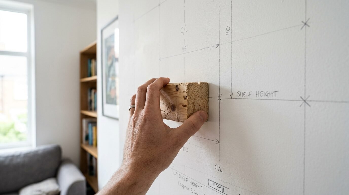Close up of a hand holding a block of wood against a wall marked with pencil lines for shelf installation.