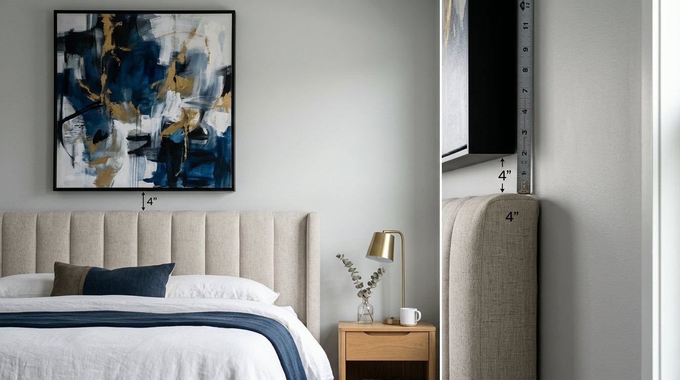 Close-up showing a measuring tape confirming a four-inch gap between a beige upholstered headboard and framed painting.