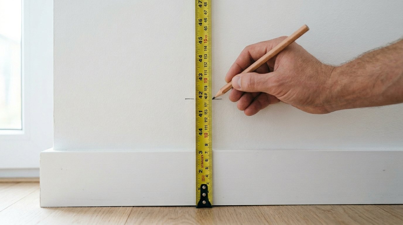 Close-up of a hand using a pencil to mark a height on a white wall against a vertical yellow Stanley measuring tape.