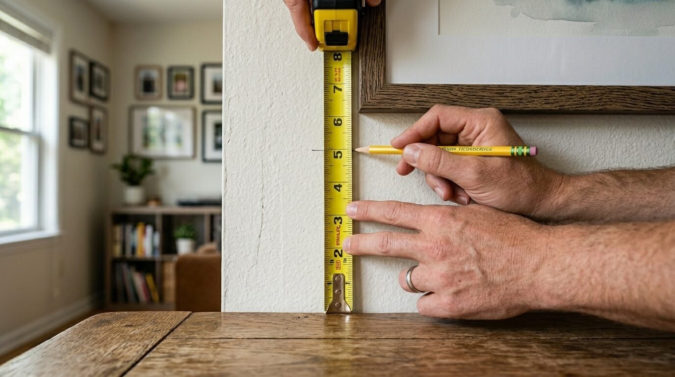 Close up of hands using a pencil and yellow tape measure to mark a spot on the wall near a picture frame.