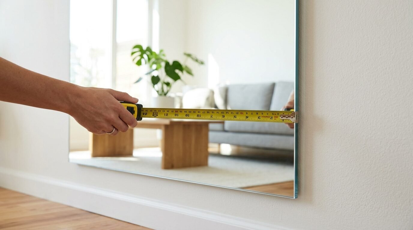 Close-up of a person using a measuring tape to find the dimensions of a rectangular mirror mounted on a white wall.