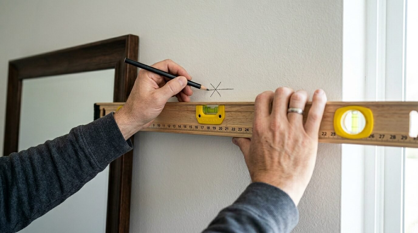 Close-up of hands using a pencil and carpenter's level to draw a cross mark on a white interior wall.