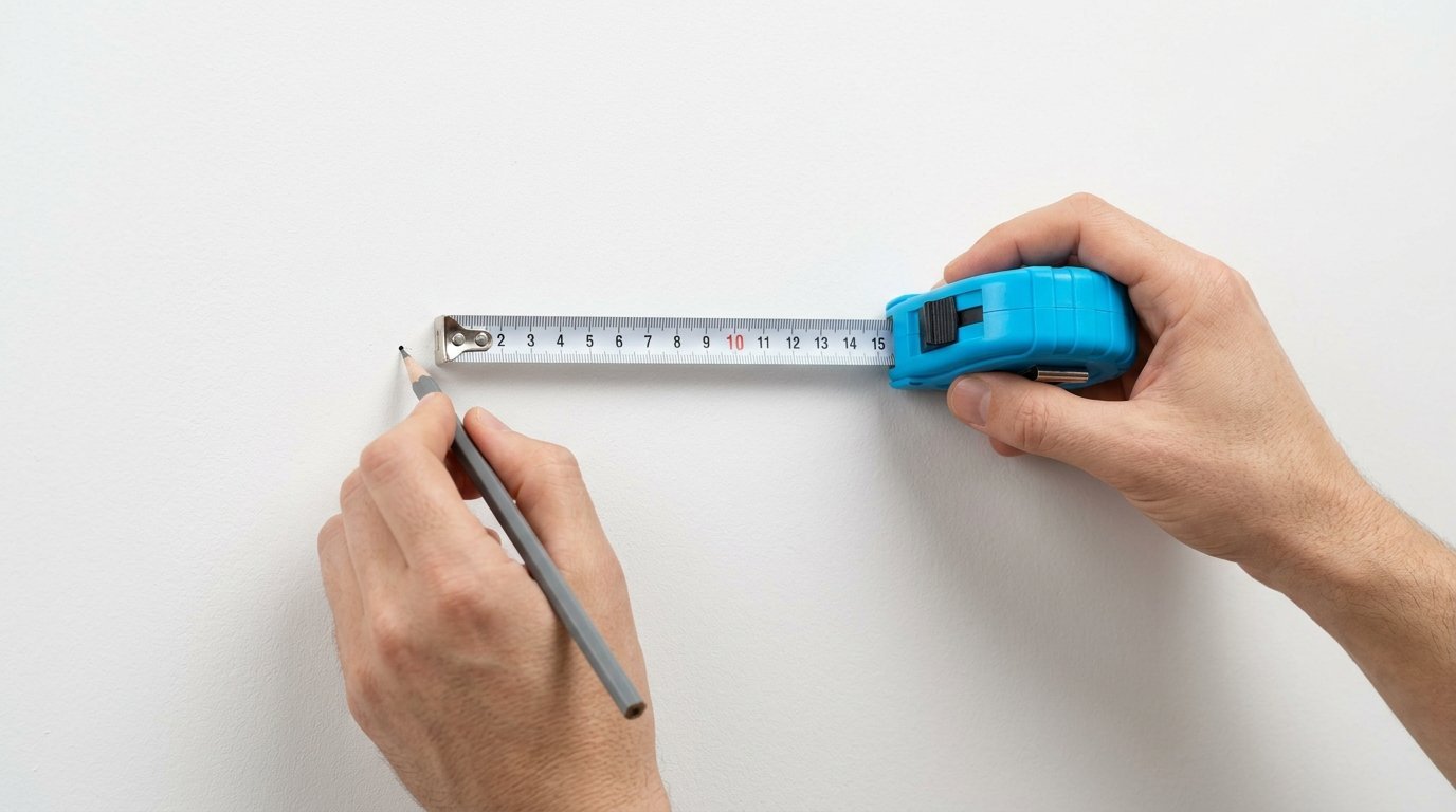 Close-up of hands holding a pencil and measuring tape against a blank wall.