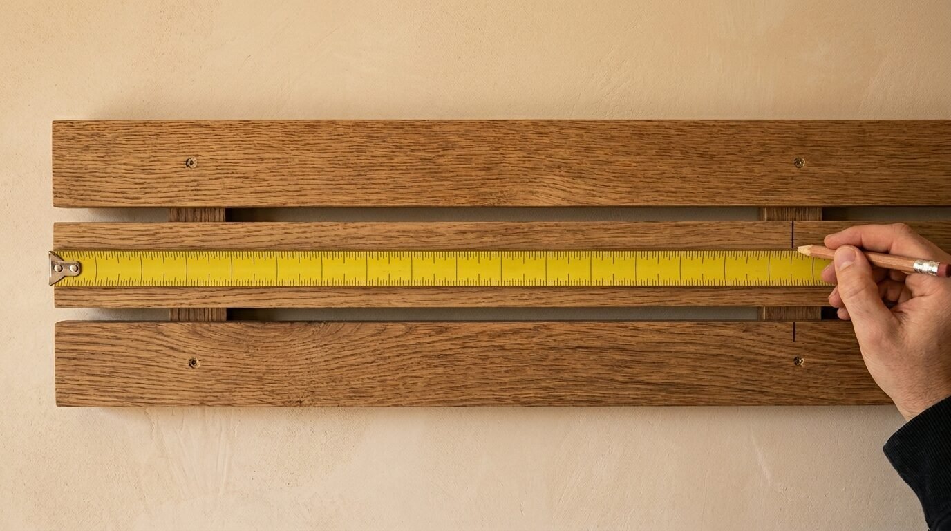 Close-up of a hand using a yellow tape measure and pencil to mark a precise measurement on wood planks.