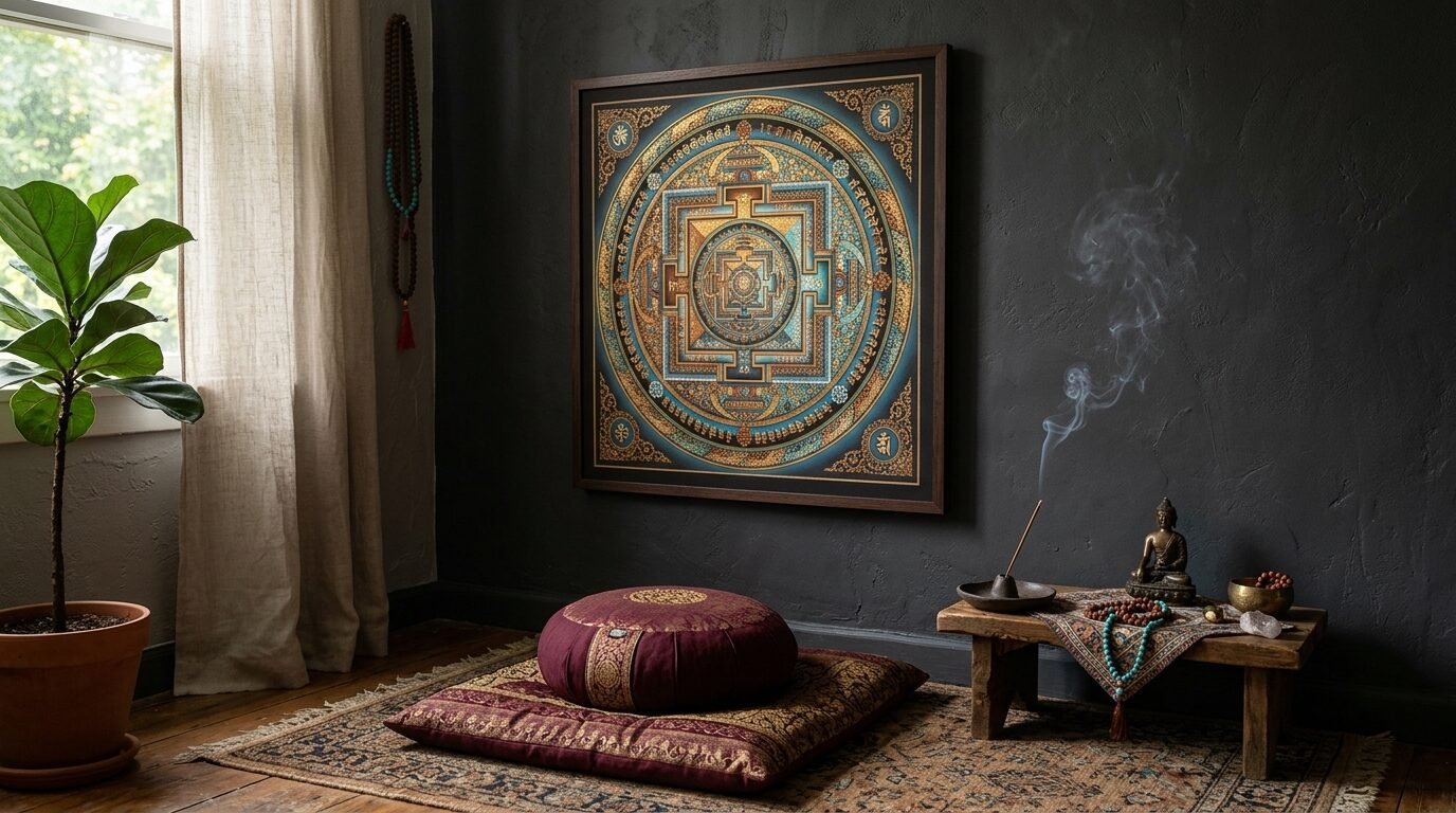 Spiritual space with meditation cushions, incense smoke, and a large framed circular geometric mandala painting.