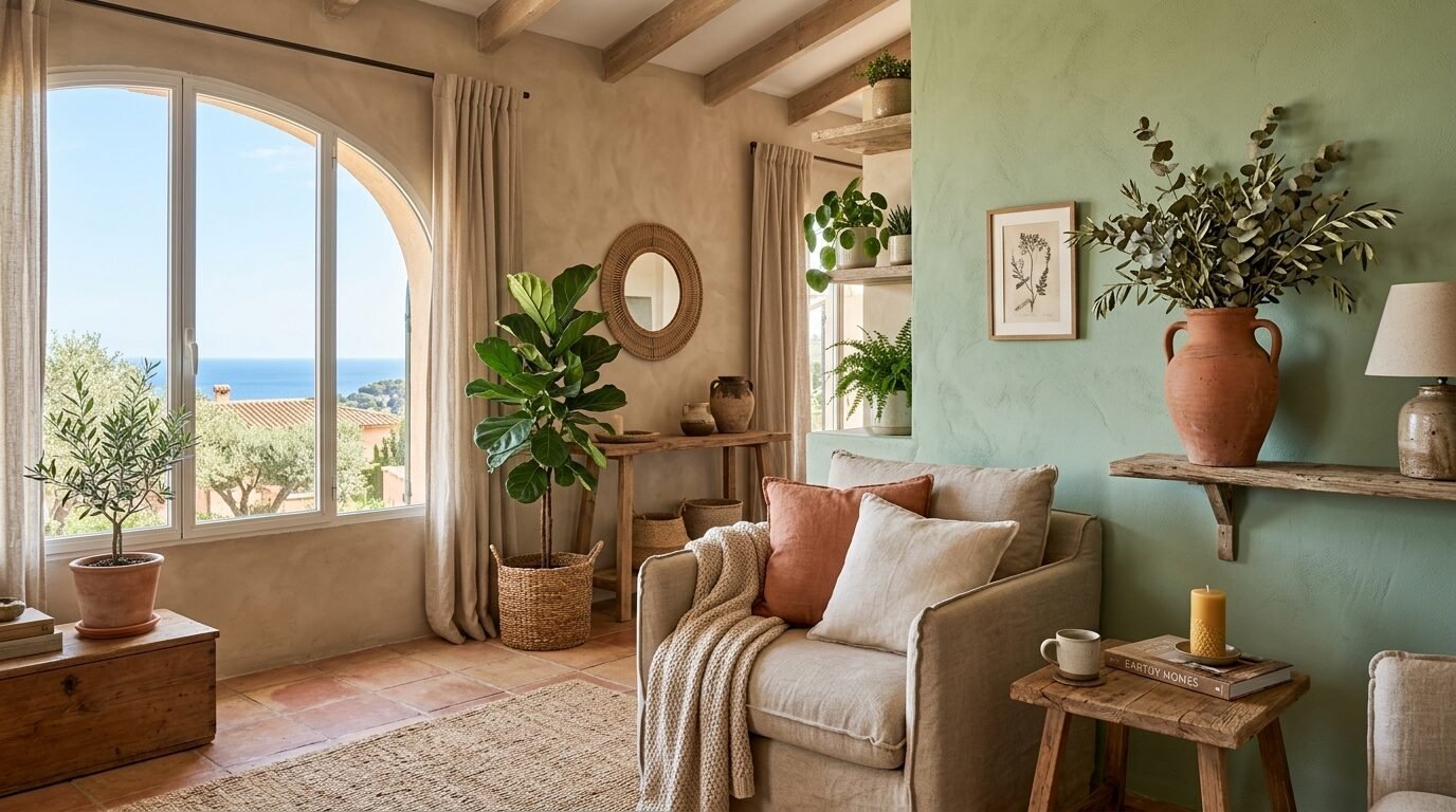 Cozy linen armchair in a sun-drenched coastal room with sage green wall and terracotta accents.