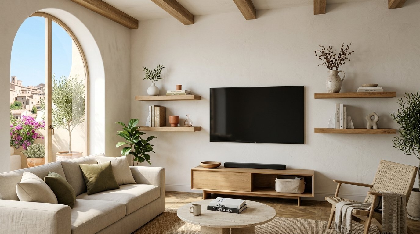 A sunlit living room featuring a mounted television above a wooden media console, flanked by floating shelves.