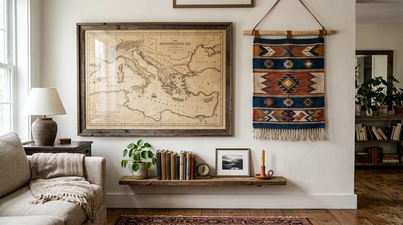 Vintage Mediterranean map in rustic frame beside a hanging woven tapestry on a white wall above a wooden display shelf.